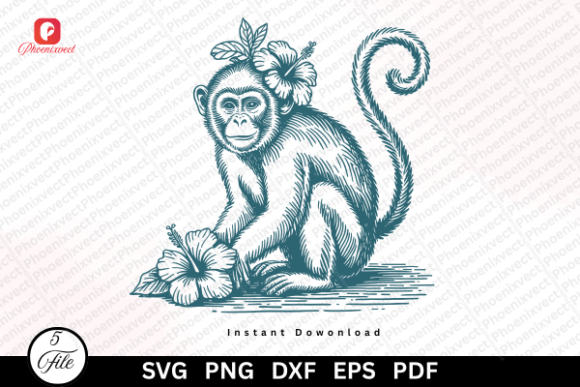 Download Hand Drawn Floral Vintage Monkey SVG PNG - Svg Collection